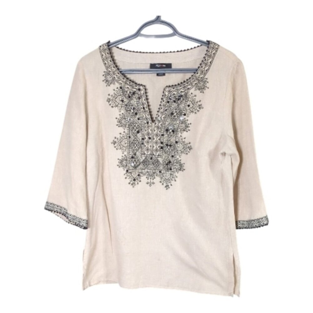 Style & Co Cream 100% linen Pullover 3/4 Sleeve Embroidery Tunic‎ Size 8